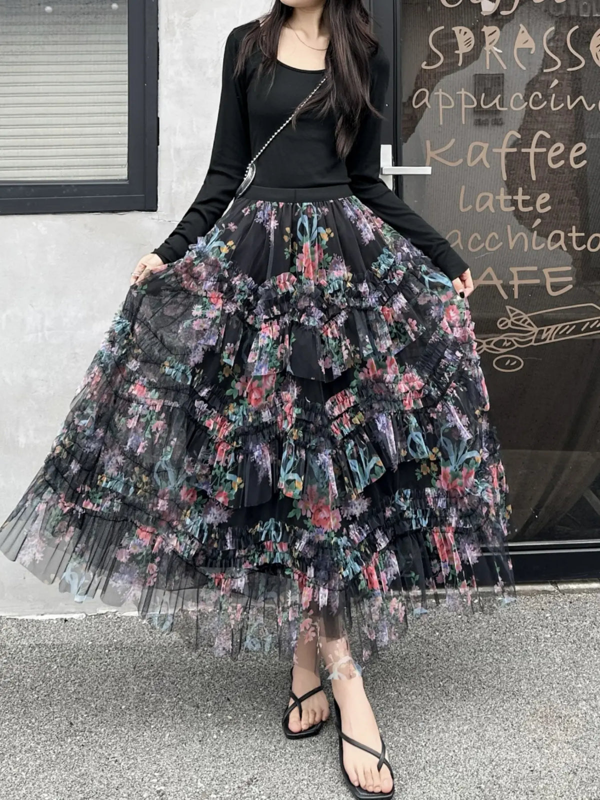 French Vintage Asymmetrical Ruffled Mesh Skirt, New Loose A-Line Ditsy Floral Long Skirt for Women, Casual & Party Wear, Ruffle Trim Skirt