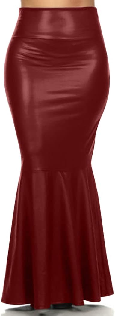 917 - Plus Size Faux Leather Pleated High Waist Maxi Mermaid Skirt