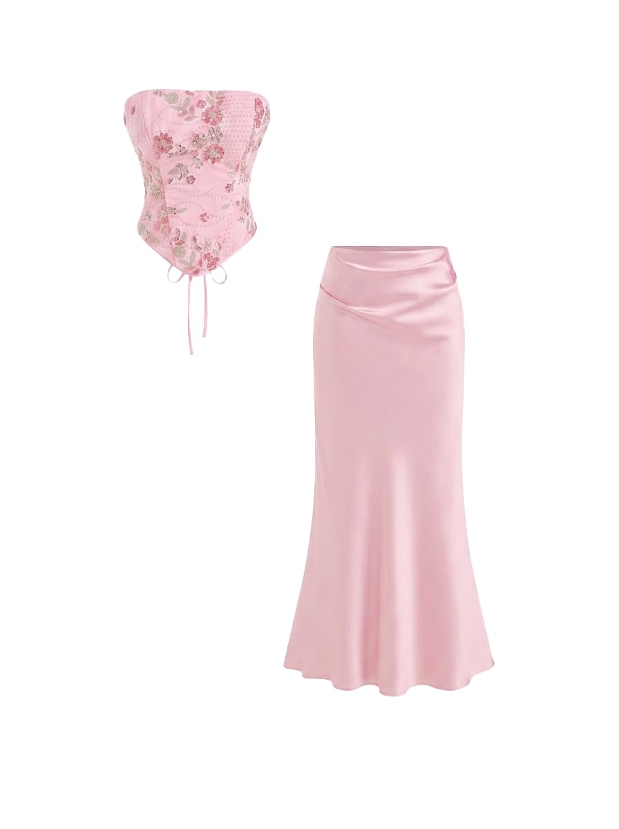 CIDER Lace Floral Corset Top Mermaid Maxi Skirt Set