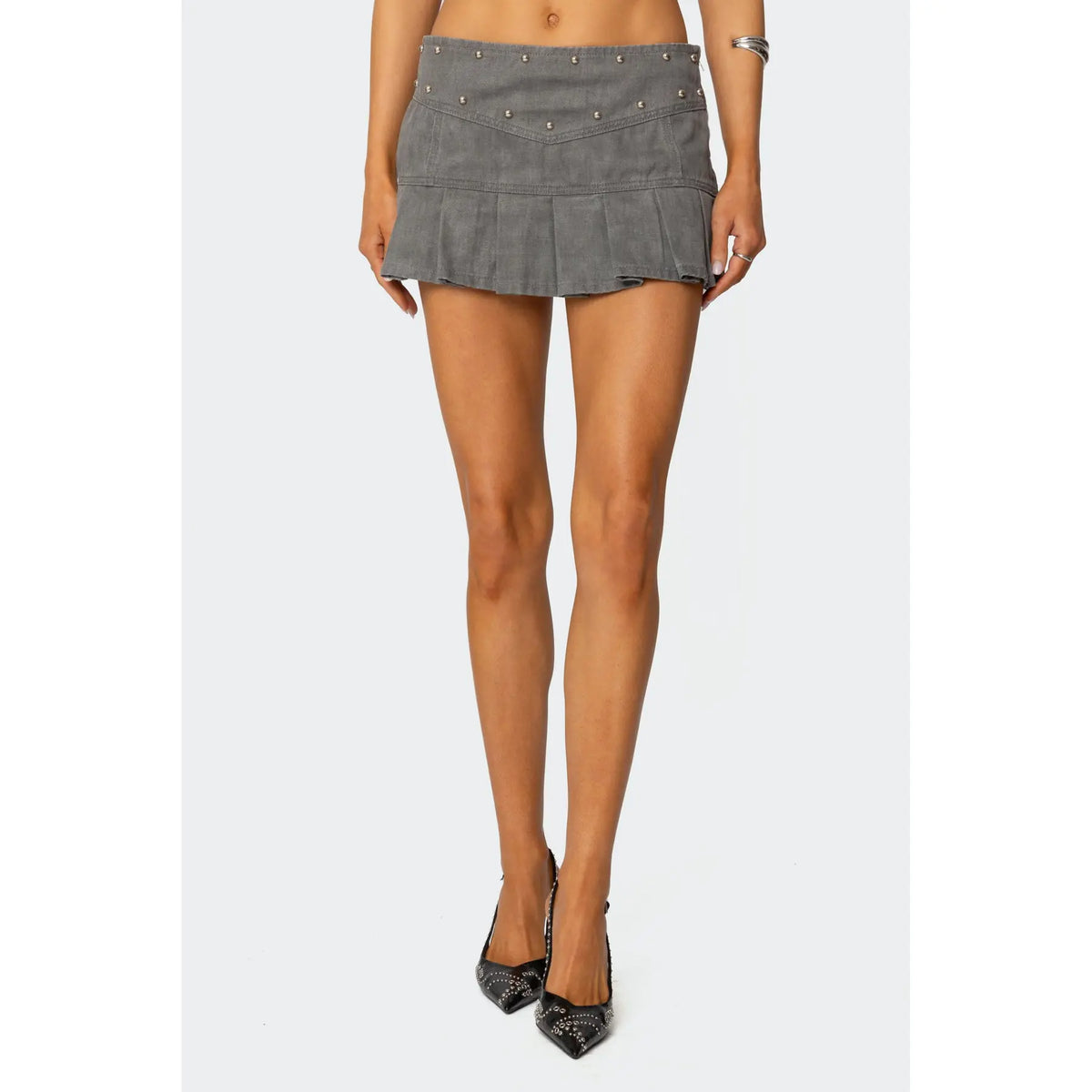 Stud Pleated Denim Mini Skirt