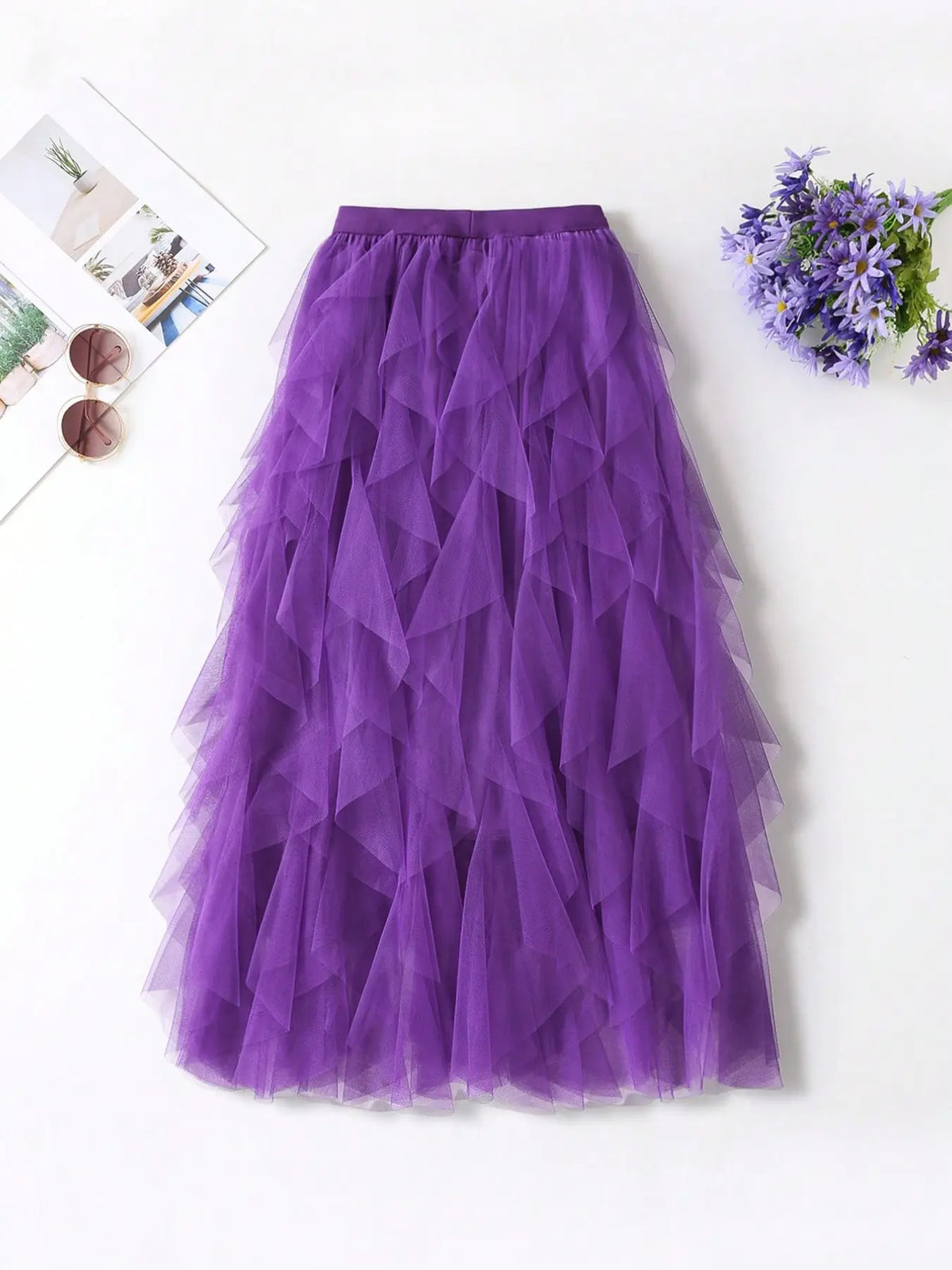 1Pc Irregular Layered Tulle Dance Maxi Skirt, Elastic Waist Flowy Swing Performance Long Skirt for Women Dance Wear, Belly Dance Skirt