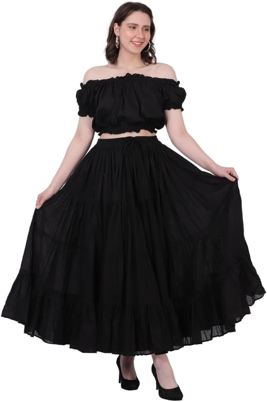 Wevez Women’s 40 Inch Cotton Full Circle Elastic Waist Tribal Fusion Belly Dance A Line Plus Size Maxi Skirt