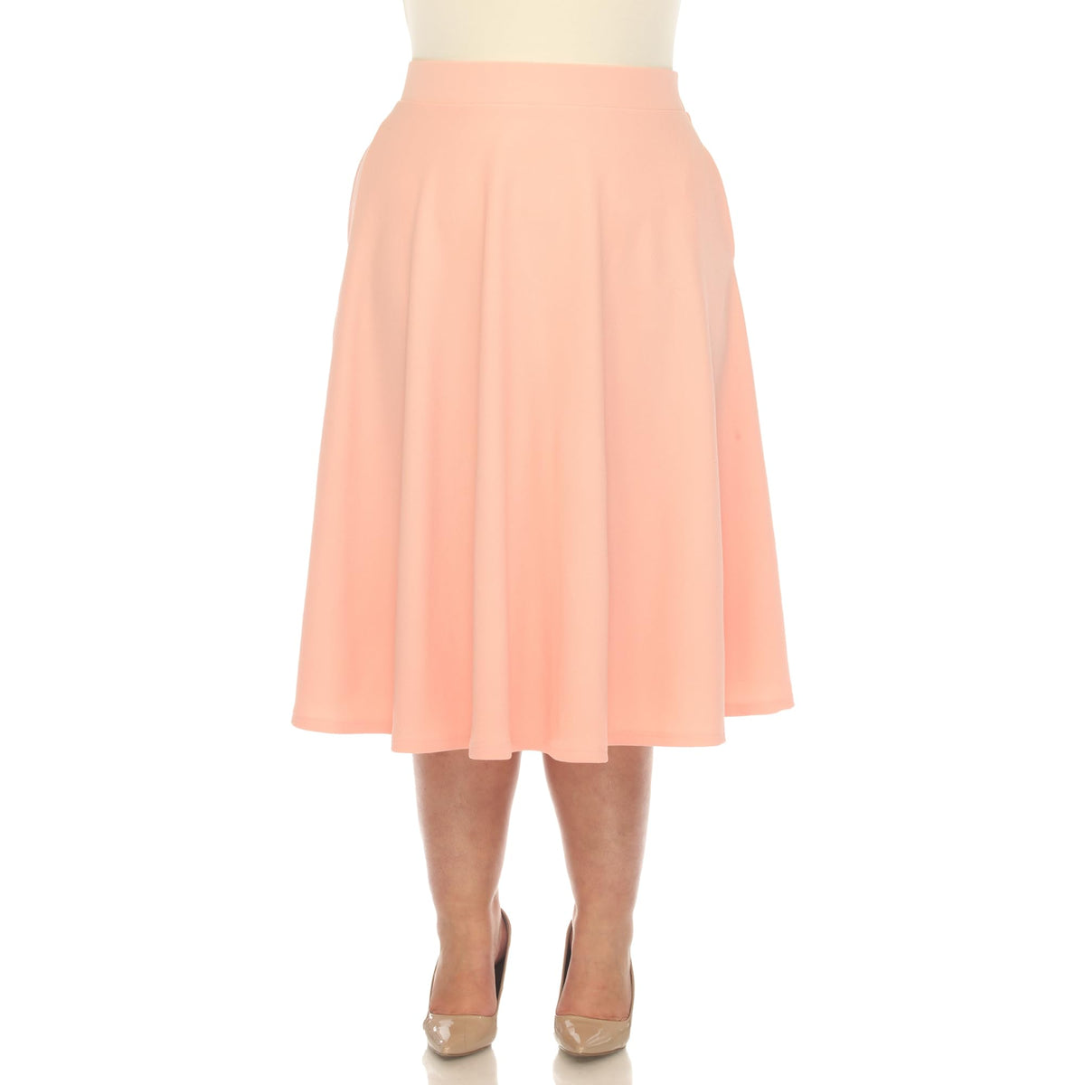 White Women's Plus Size Flared Midi Skirt with Pockets