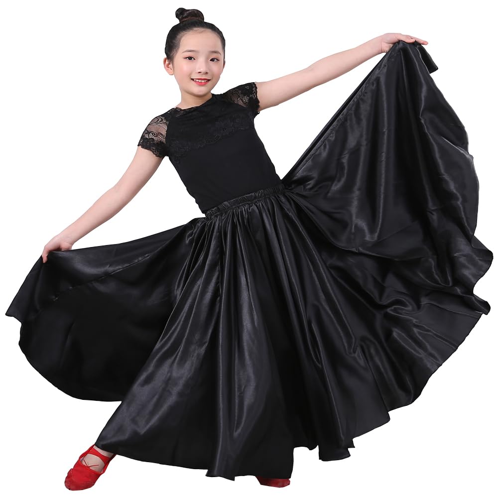 Girls Satin Full Dancing Circle Long Flowy Dance Skirt