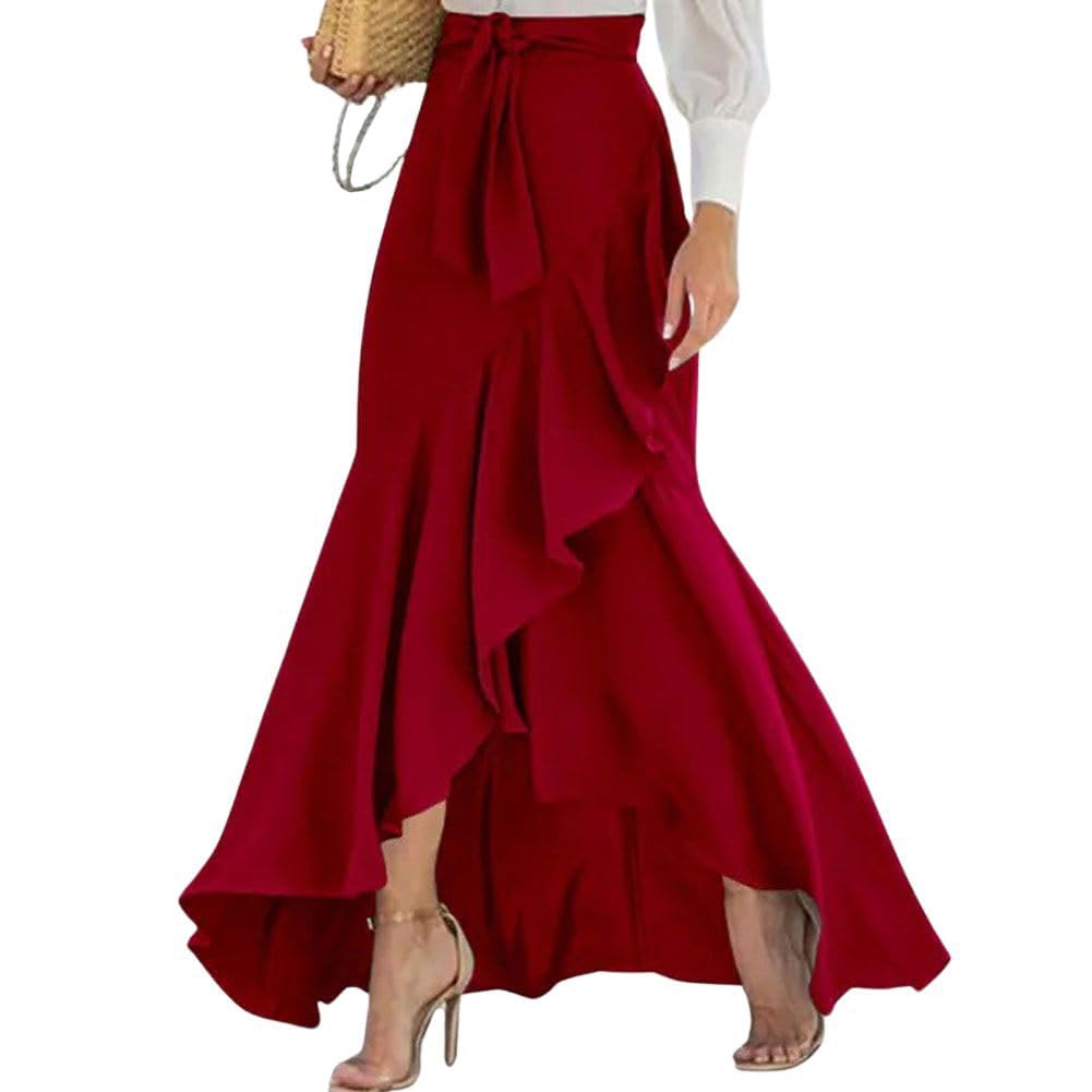 chouyatou Women's Casual Plaid Mermaid Maxi Skirt A Line Irregular Ruffle Hem Fishtail Long Skirt