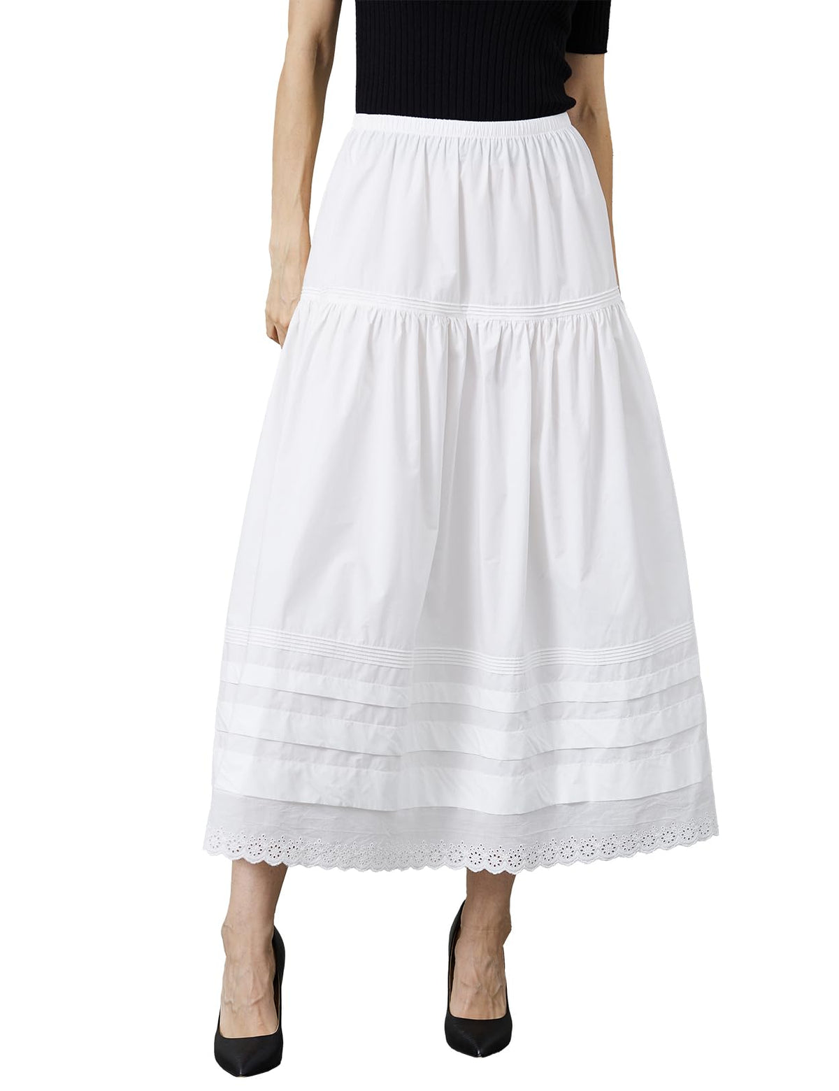 100% Cotton Women White Maxi Skirt Elastic Waist Peasant A Line Flowy Swing Lace Skirt Dress No Lining