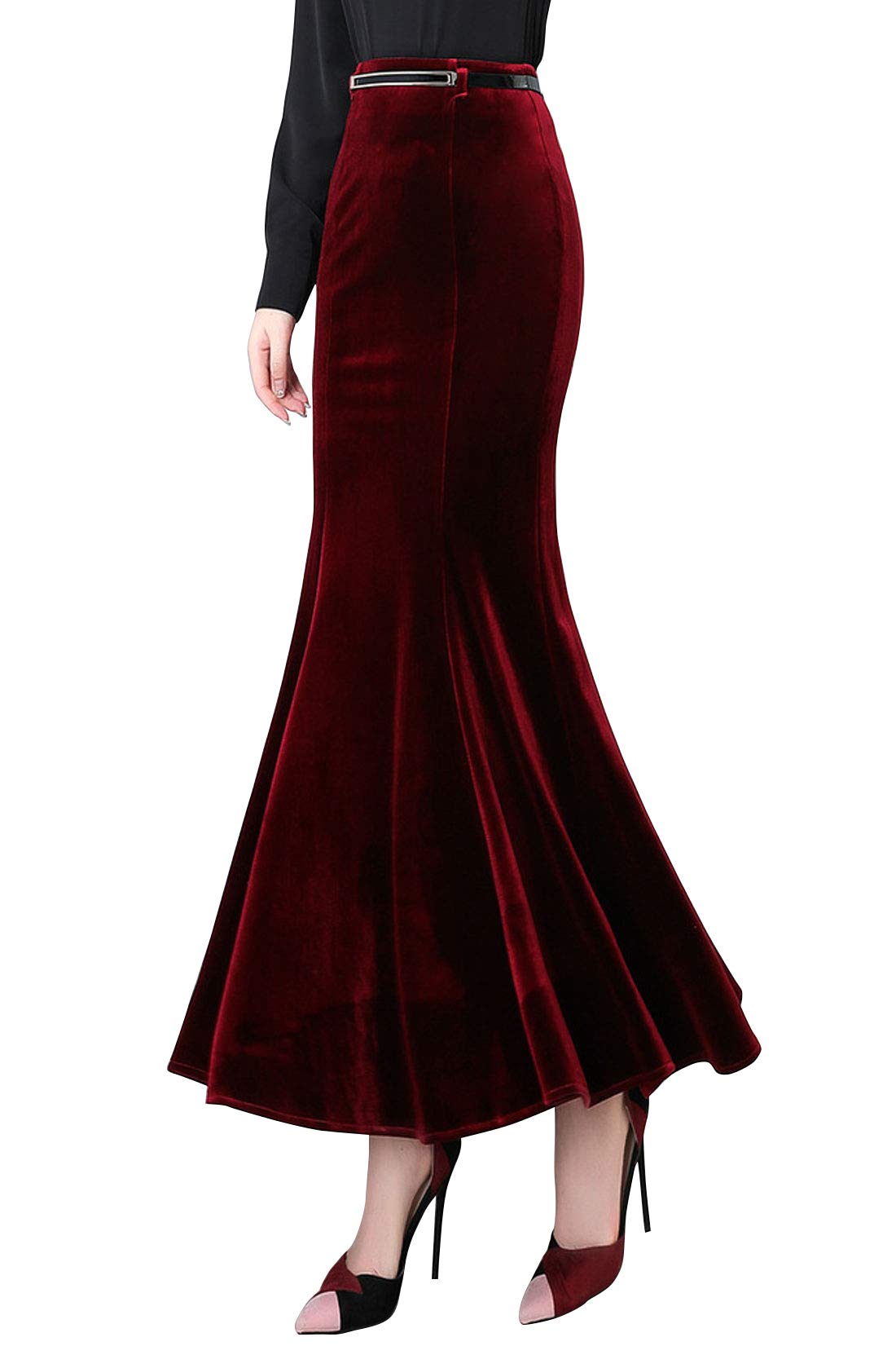 ebossy Women's High Waist Bodycon Velvet Fishtail Mermaid Maxi Skirt Evening Party