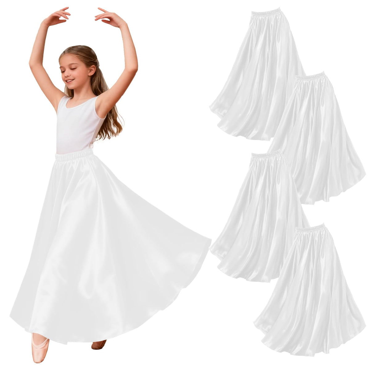 4PCS Ankle Length Satin Full Circle Skirt for Girls, Perfect for Belly Dance and Flamenco, Elegant Swing Dance Attire