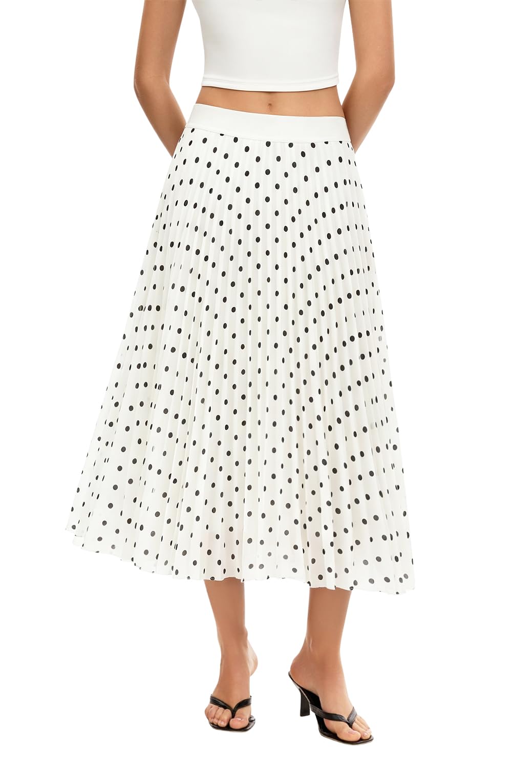 QINSEN Women's Elegant Flowy Pleated Chiffon Skirts Summer A-line Swing Midi Skirts Casual Elastic Waist Soft Lining
