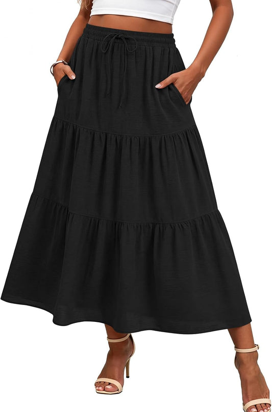 Addtoo Womens Maxi Skirt Pleated Tiered A-Line Elastic Waist Midi Skirt