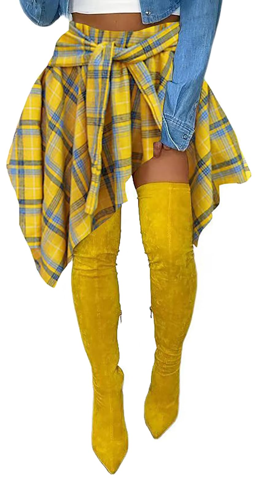 YBSKG Womens Plaid Skirts Elastic High Waist Tie Front Pleated Mini Skirt