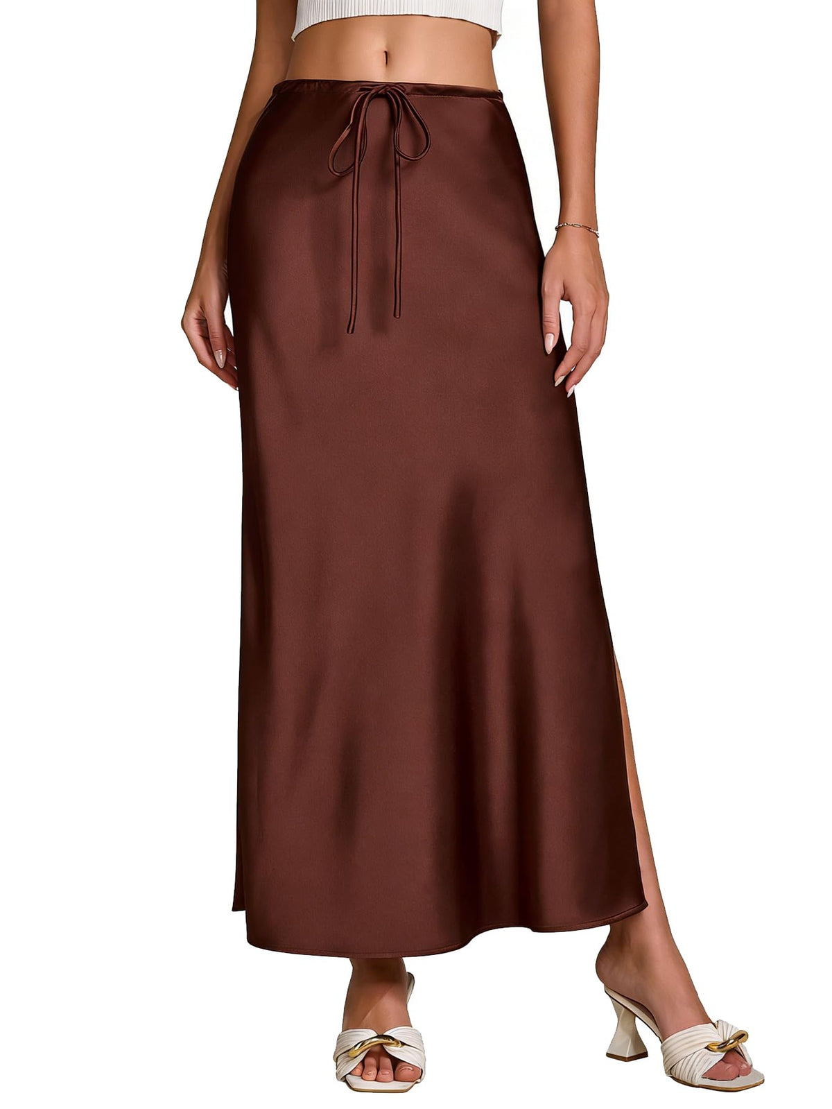 Women's Satin Silk Maxi Skirts Slit Drawstring Flared Casual A-Line Long Skirt for Women Ankle-Length Skirt