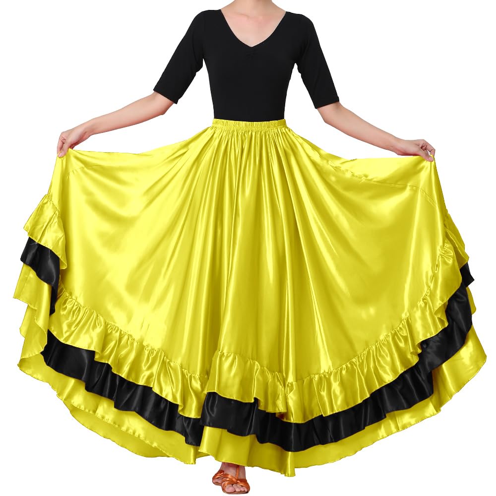 Women Black Red Layers Satin Long Skirt for Spanish Flamenco Belly Dance Mexico Ballet Folklorico Performance