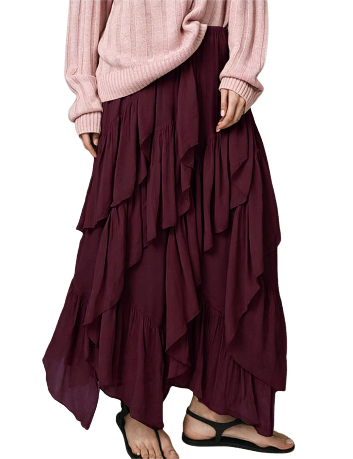 Women's Ruffle Maxi Skirt Long Flowy Layered Skirts Tiered Trendy Skirt