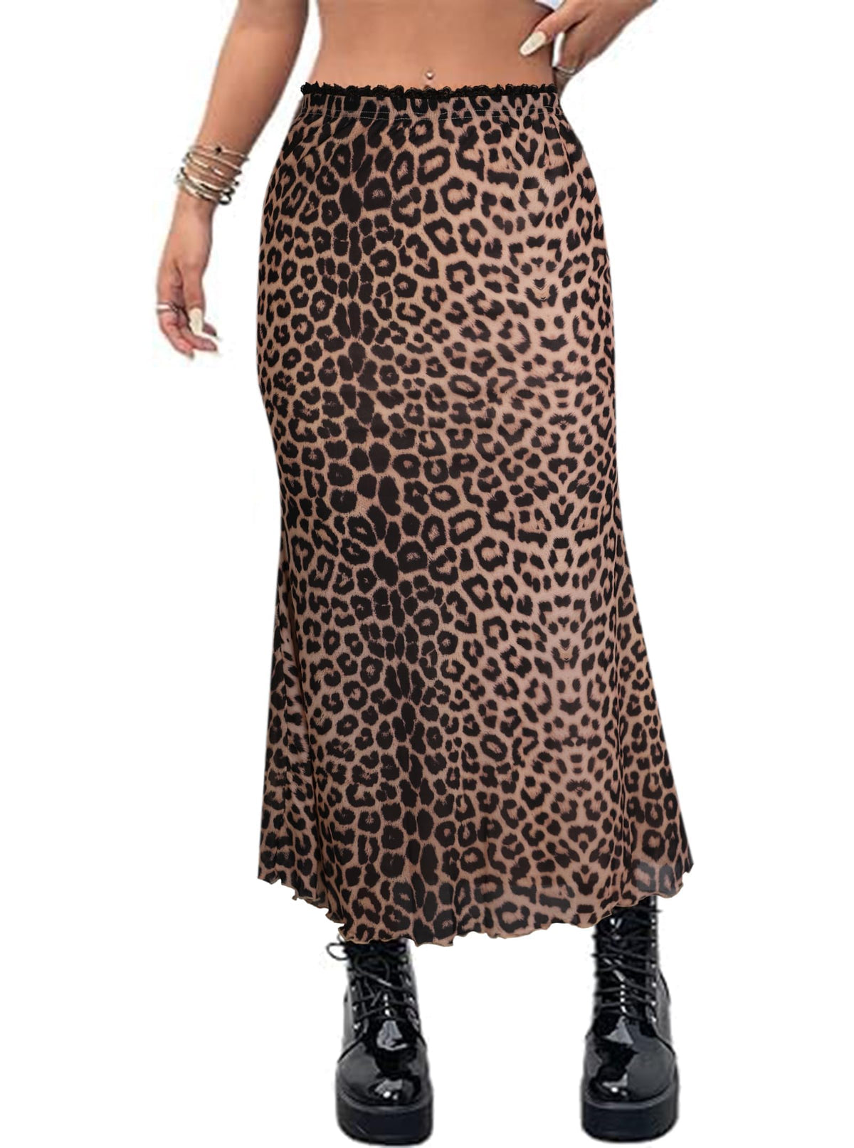 Avanova Women Boho Floral Mesh Long Skirts Elastic High Waisted Mermaid Hem 90s Grunge Maxi Skirt