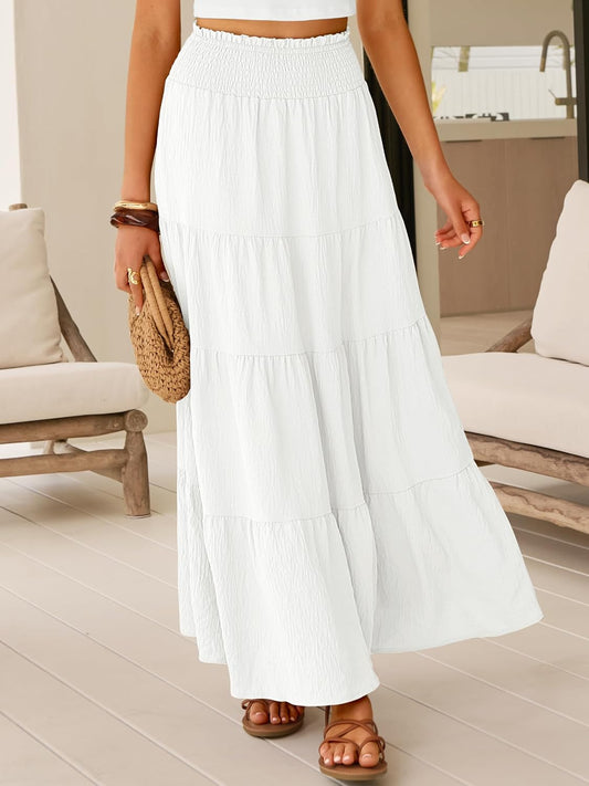 ANRABESS Womens Maxi Skirts, Elastic High Waist A-Line Tiered, Long Flowy Boho Skirts, Summer Casual Beach & Vacation Wear