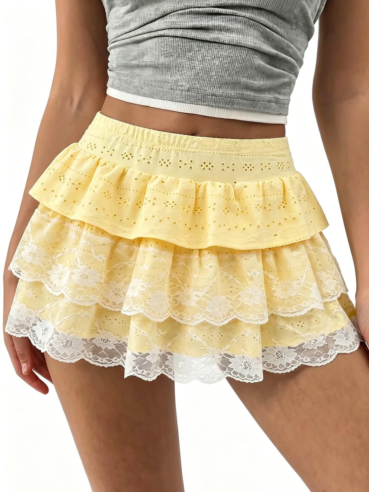 Women's Y2K Lace Mini Skirt Ruffle Layered Skirts with Shorts A Line Skort