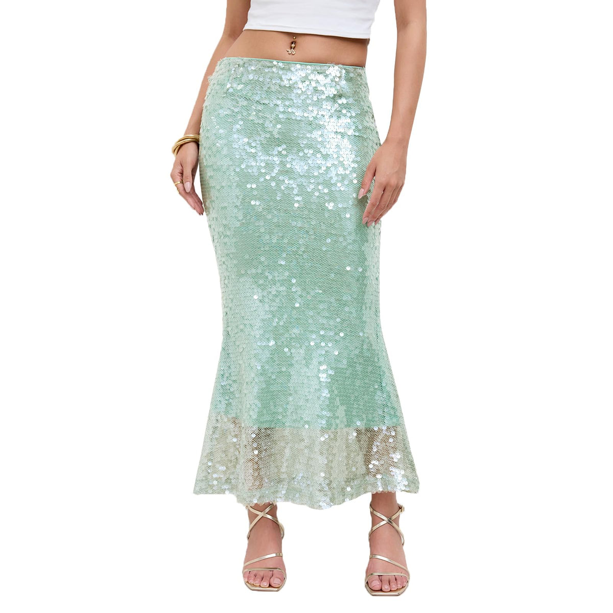 Women Mid Rise Sequin Mermaid Maxi Skirt Mesh Layered Sparkly Long Skirt