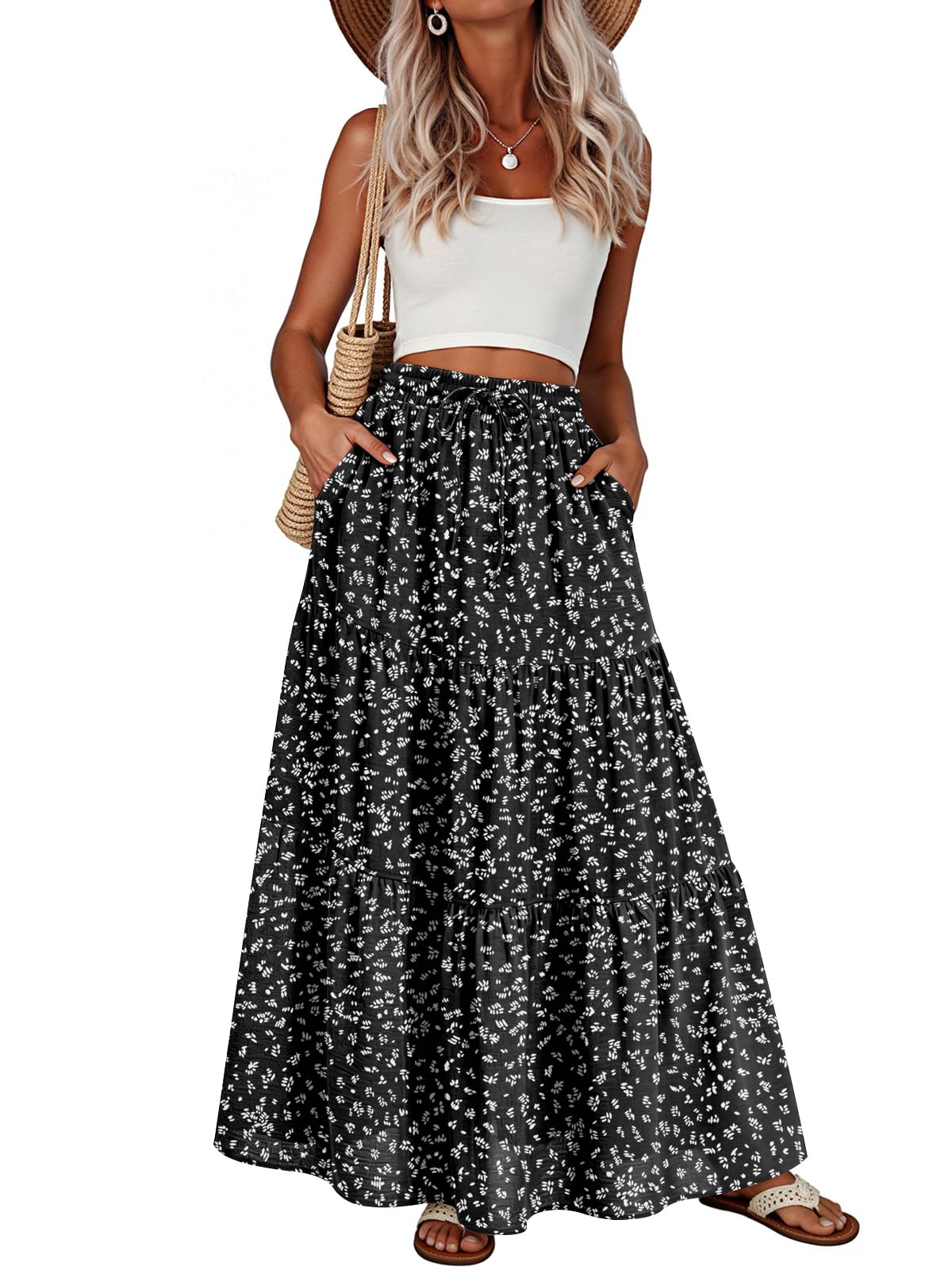 Addtoo Womens Maxi Skirt Pleated Tiered A-Line Elastic Waist Midi Skirt