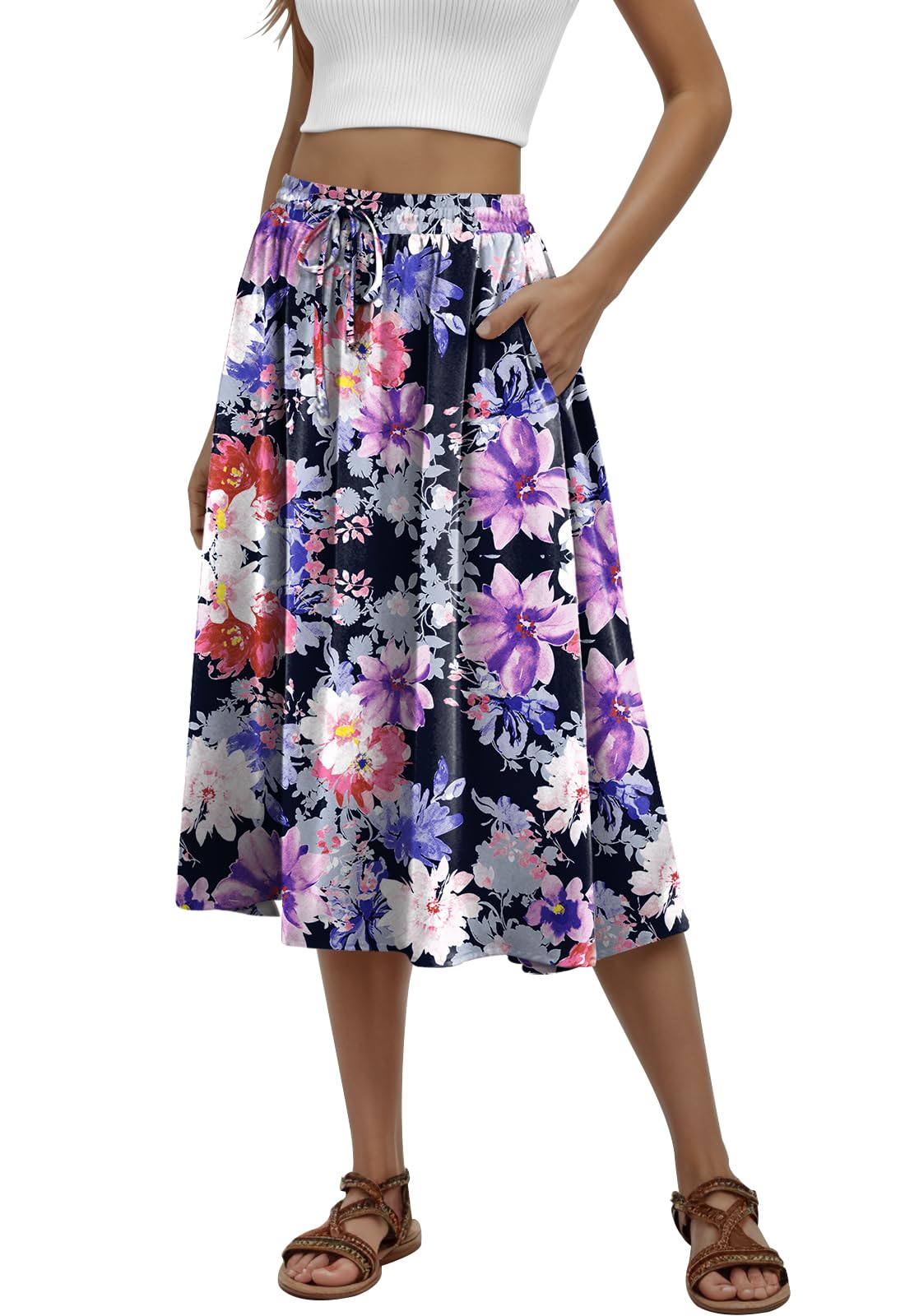 MLXSJ Women's Midi Skirt Summer Pleated Flowy Skirts with Pockets S-3XL