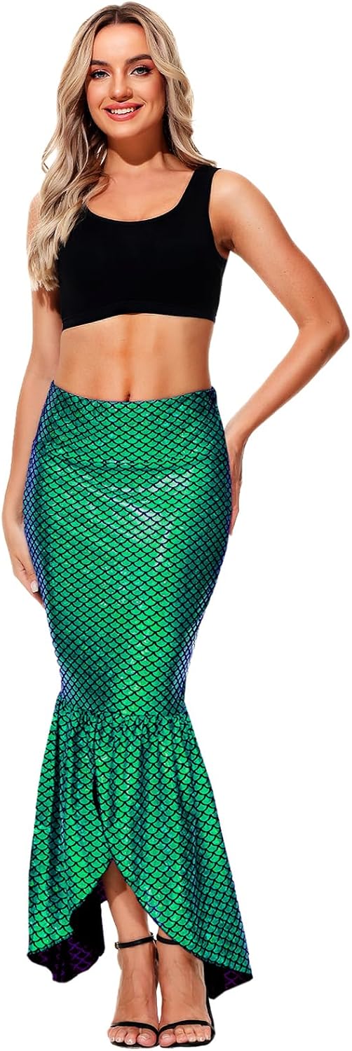 AOBUTE Women Mermaid Costume Skirt Shiny Maxi Fish Skirts Halloween Cosplay Outfits