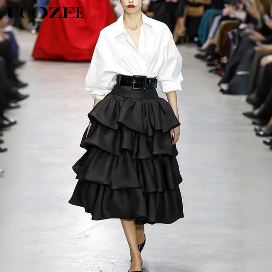 UOOZEE Women's High-Waist Tiered Cocktail Midi Skirt - Feminine A-Line with Ruffles, Structured Polyester Fabric, No Stretch Waistband,back to school shopping, Soft