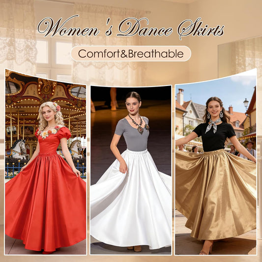4PCS Satin Dance Skirt for Women Ankle Length Full Circle Women Maxi Shiny Skirt for Flamenco Belly Dance Party