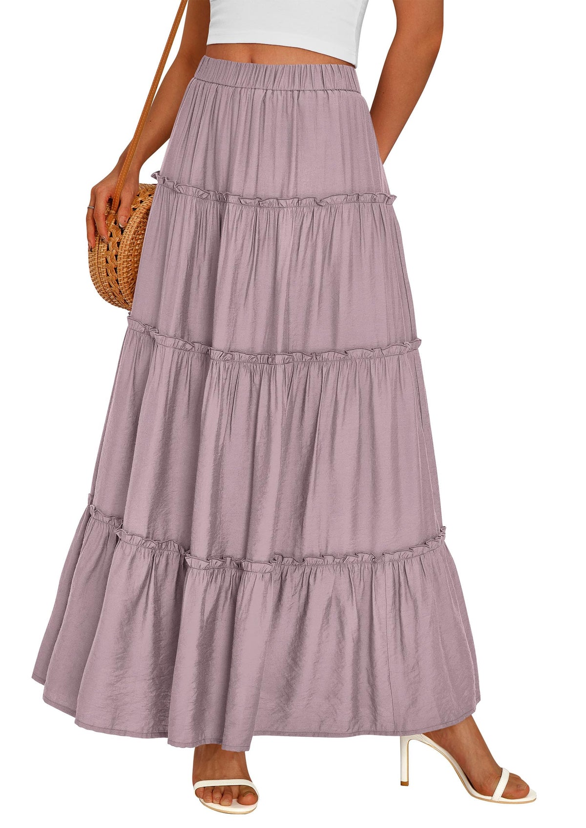PRETTYGARDEN Women's Boho Tiered Ruffle Flowy Maxi Skirt