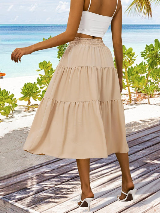 Anbech Womens Boho Midi Skirts A-Line Casual Flowy Elastic High Waist