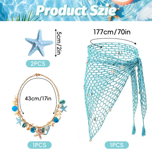 4 Pieces Mermaid Costume Accessories for Women, Beach Crochet Fishnet Skirt Sarong