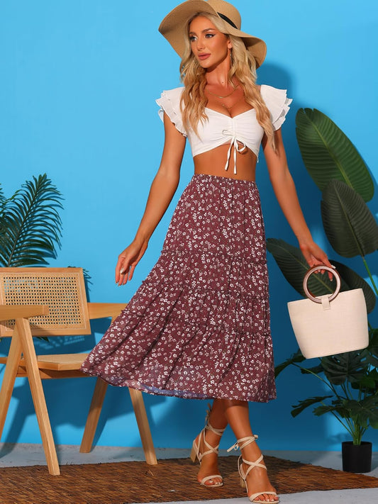 Allegra K Women's Floral Skirt Chiffon A-line Long Tiered Ruffle Maxi Skirt