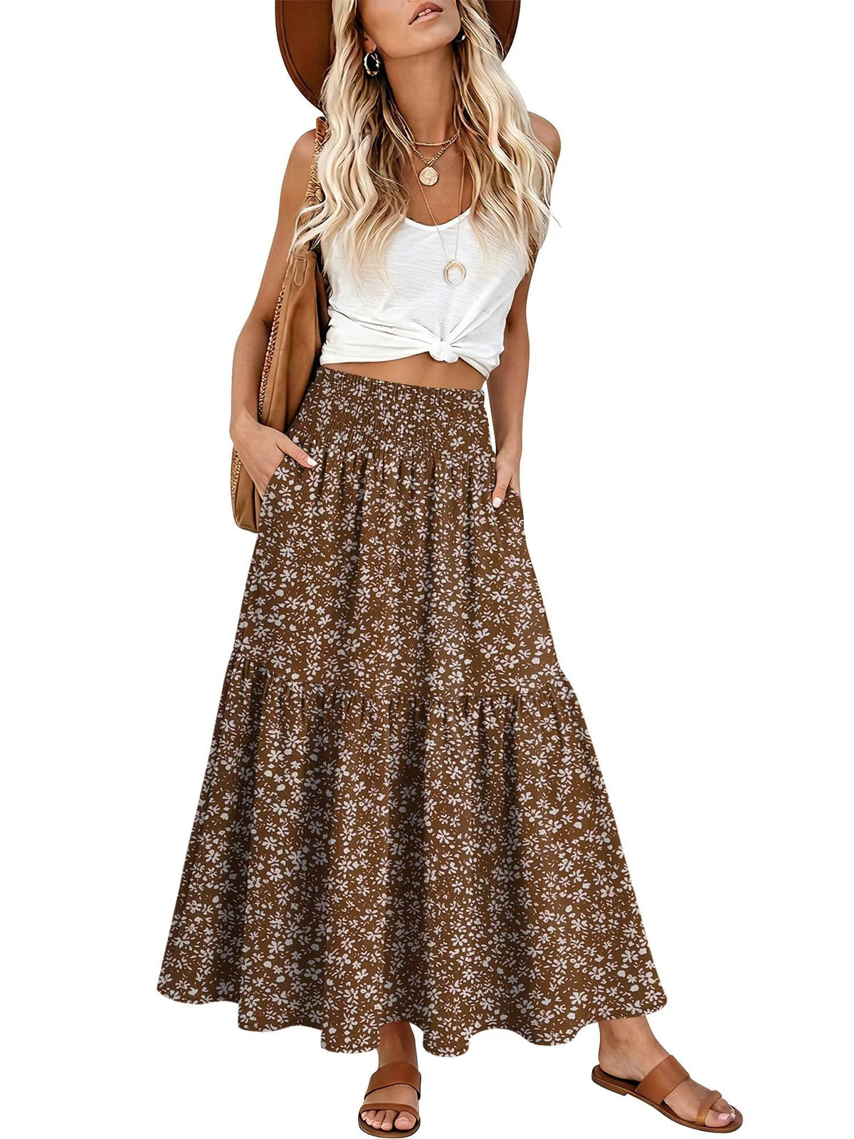 StunShow Women's Maxi Skirts Boho High Waisted Flowy A Line Pleated Beach Long Skirt with Pockets(S-XXL)