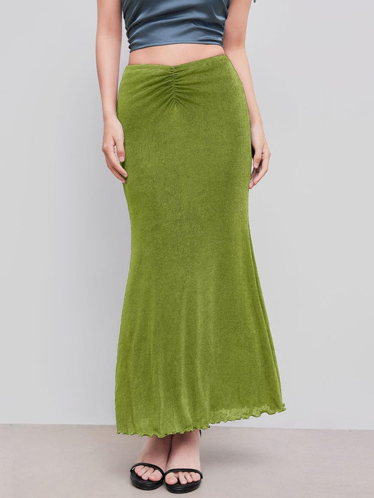 CIDER High Waist Skirts for Women Mermaid Skirt Fishtail Ruched Bodycon Long Maxi Skirt Lettuce Trim Stretchy