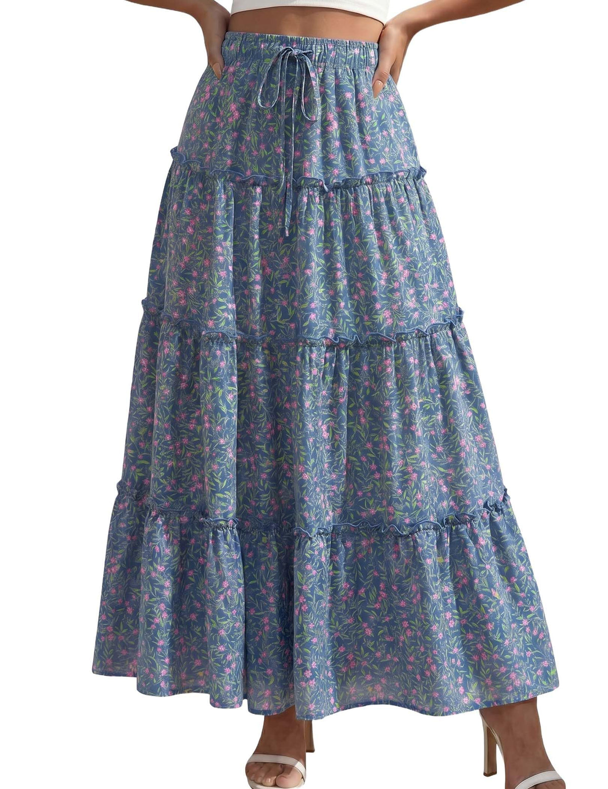 DERAX Womens Boho Maxi Skirt Flowy Ruffle Tiered High Waisted Long Skirts