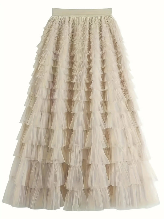 Women's Plain Ruffle Hem Tiered Layer Knit Skirt, Elegant Chic Aesthetic High Waist Fit Long Skirt for Vacation Holiday Party, Ladies Bottoms for All Seasons, Long Skirt Women All Season Skirts