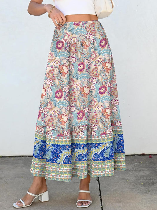 ANRABESS Women Boho Floral Maxi Skirts, High Waisted Tiered Skirt, Flowy Beach Skirts with Pockets for Vacation & Summer Wear