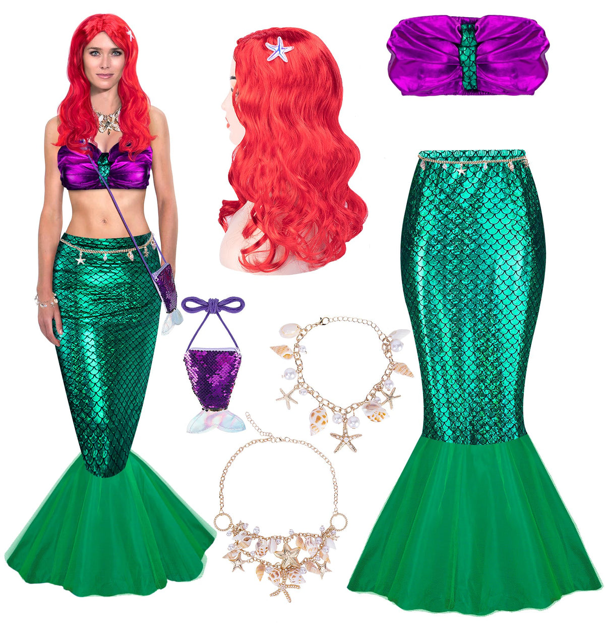 7 Pack Halloween Women Mermaid Costume, Mermaid Tube Top Skirt Costume Set