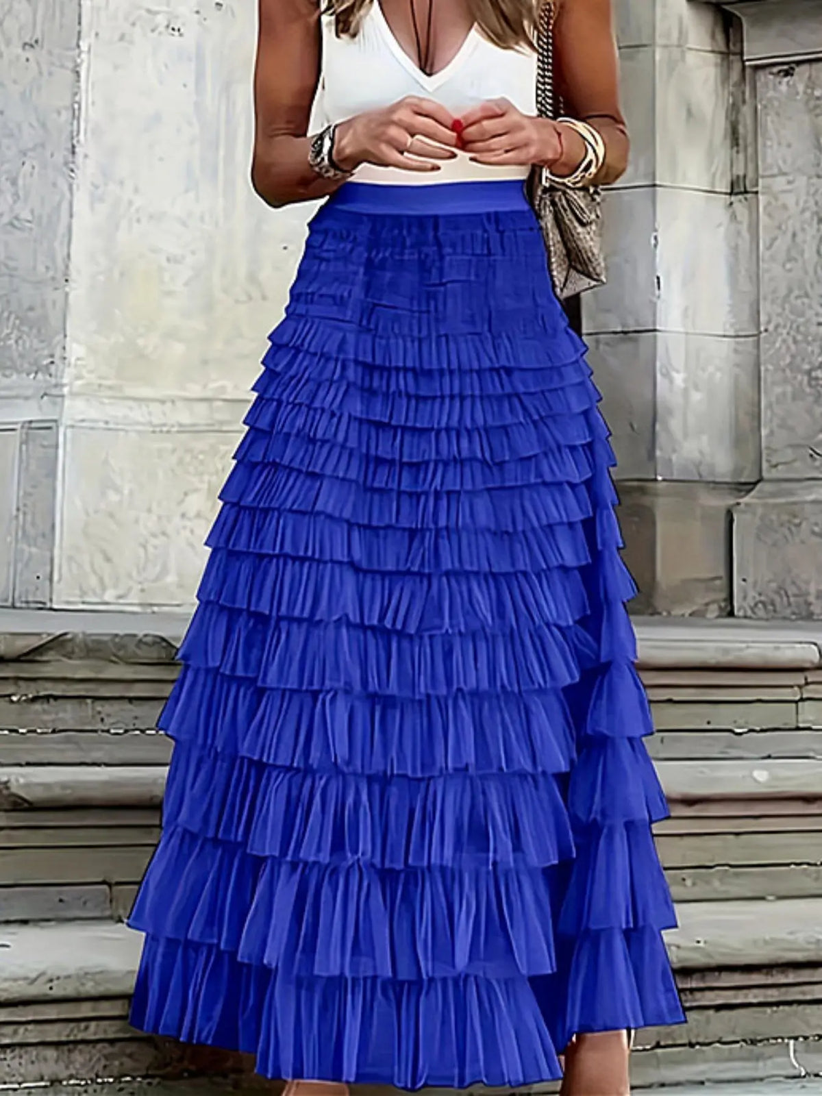 Women's Plain Ruffle Hem Tiered Layer Knit Skirt, Elegant Chic Aesthetic High Waist Fit Long Skirt for Vacation Holiday Party, Ladies Bottoms for All Seasons, Long Skirt Women All Season Skirts