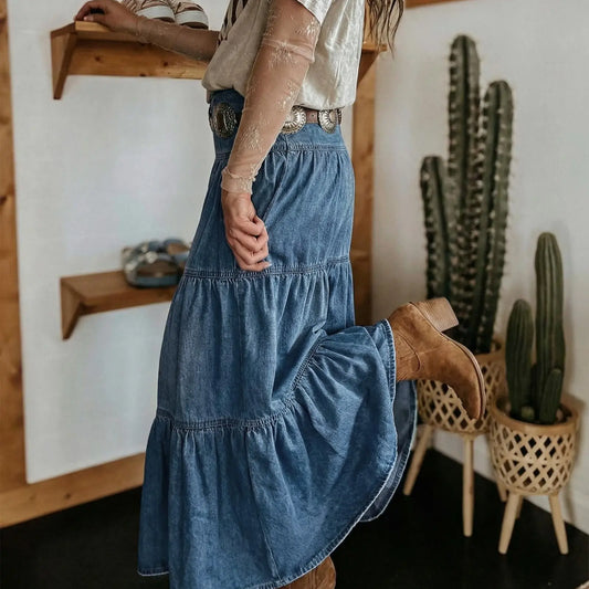 EMMIOL Long Denim Skirt for Women - High Waisted A-Line Jean Maxi Skirts Dark Wash Tiered Swing Jean Skirt with Pockets