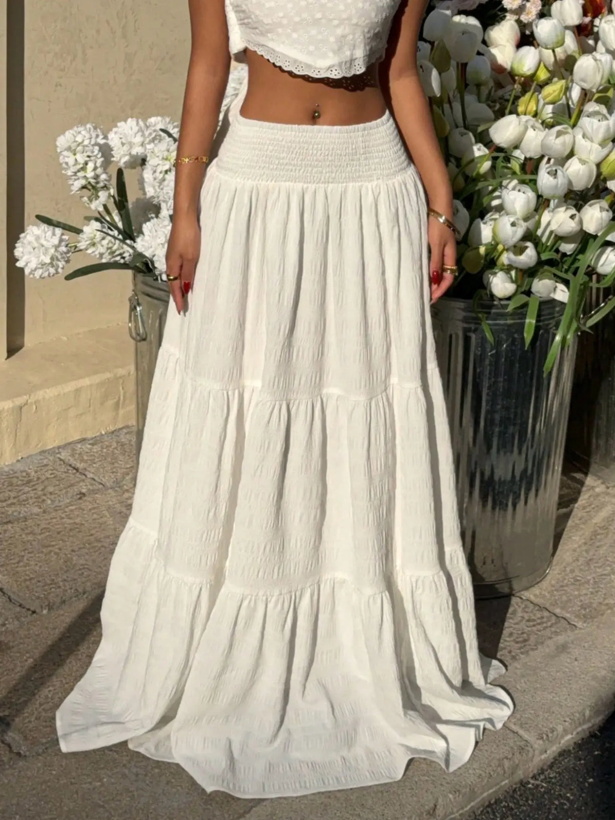 Women's Solid Color Pleated Waist Ruffle Hem Skirt, Bottom, Elegant Chic A-Line Design, Perfect for Casual & Formal Wear, All-Season Fashion