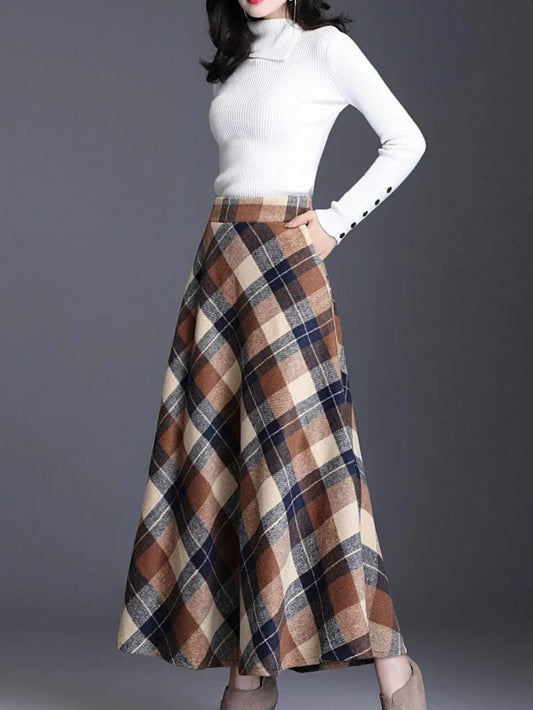Ebossy Women's Vintage High Waist Wool Blend Plaid A-Line Long Maxi Skirt with Pocket Bottoms Womenswear,clothes for back to school,first day of school outfits