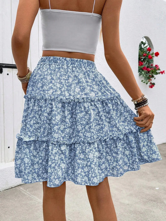 Women's Ditsy Floral Layered Midi Skirt, Adjustable Drawstring Elastic Waist, Flowy Ruffle Hem, Feminine Casual Elegant Design, Perfect for Daily Wear, Floral Skirts