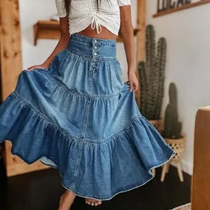 Women's High Waist Long Skirt Button-Fly Tiered Ruffle Swing A-Line Jean Maxi Skirt with Pockets