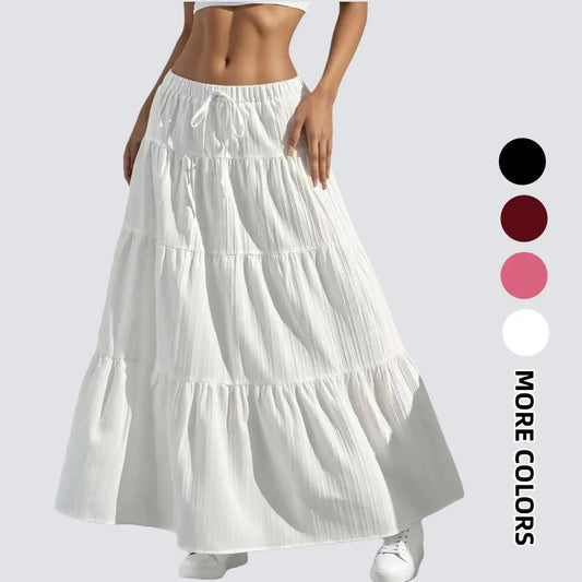 Women's Boho Comfy Solid Maxi Skirt - Elastic High Waist, Flowy Tiered A-Line, Ruffle Pleated Bottoms - Summer Beach Skirts for Women, Spring Soft Style,sohochic