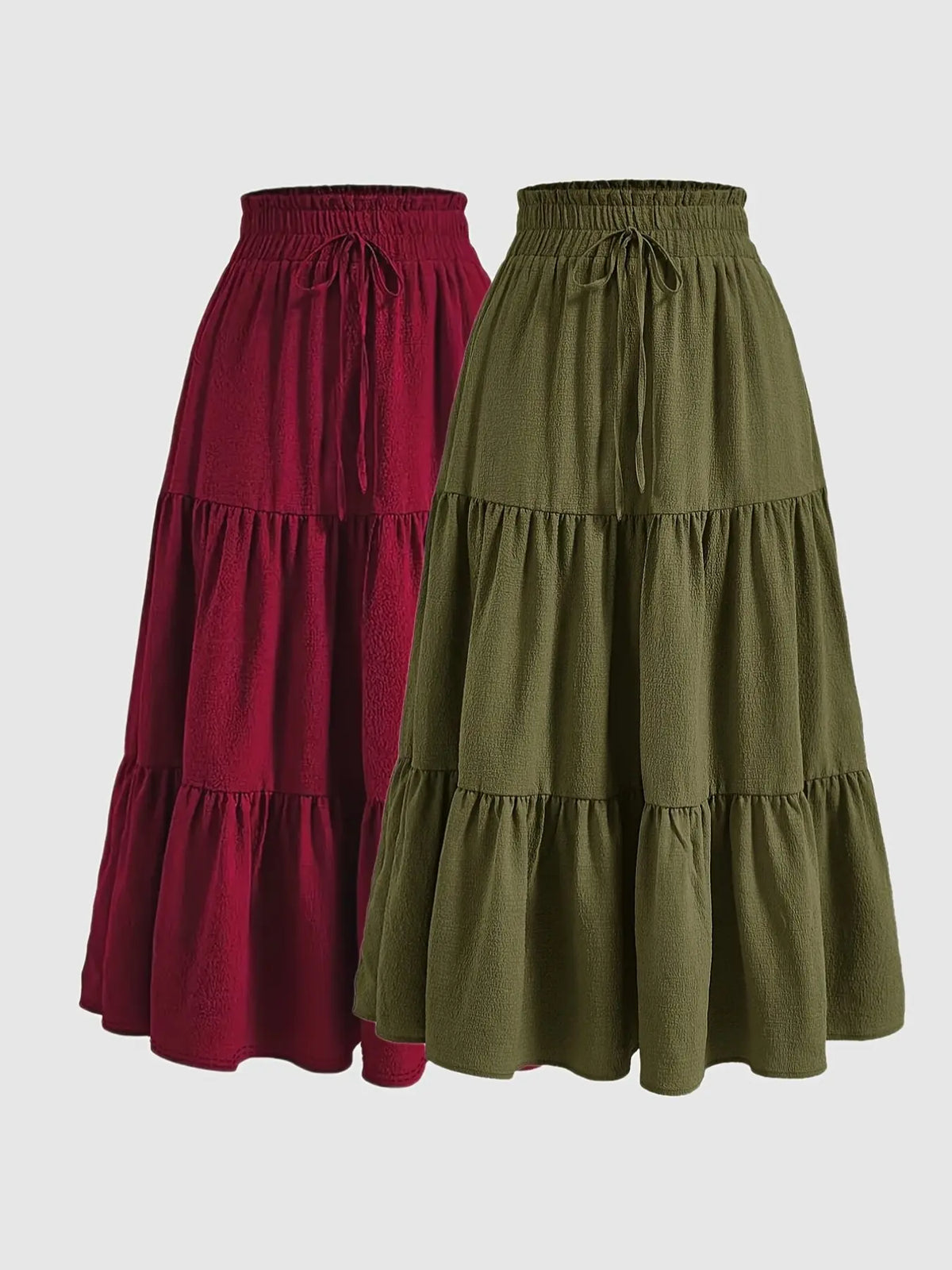 Women's 2 Piece Set, Casual Fitted Long Skirt with Drawstring and Layered Ruffles, Thin Lightweight Woven Fabric, Plain Pattern, All Seasons Wear, Skirt Sets, Womenswear, Clothes, Lady