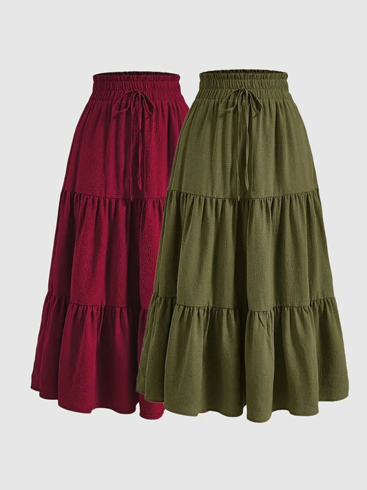 Women's 2 Piece Set, Casual Fitted Long Skirt with Drawstring and Layered Ruffles, Thin Lightweight Woven Fabric, Plain Pattern, All Seasons Wear, Skirt Sets, Womenswear, Clothes, Lady