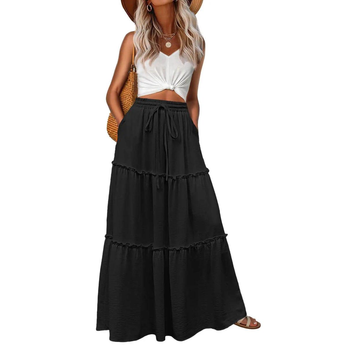 Lepunuo Womens Casual Boho High Waisted Flowy Maxi Skirts Tiered Floral Long Skirts with Pockets for Summer Beach Vacation