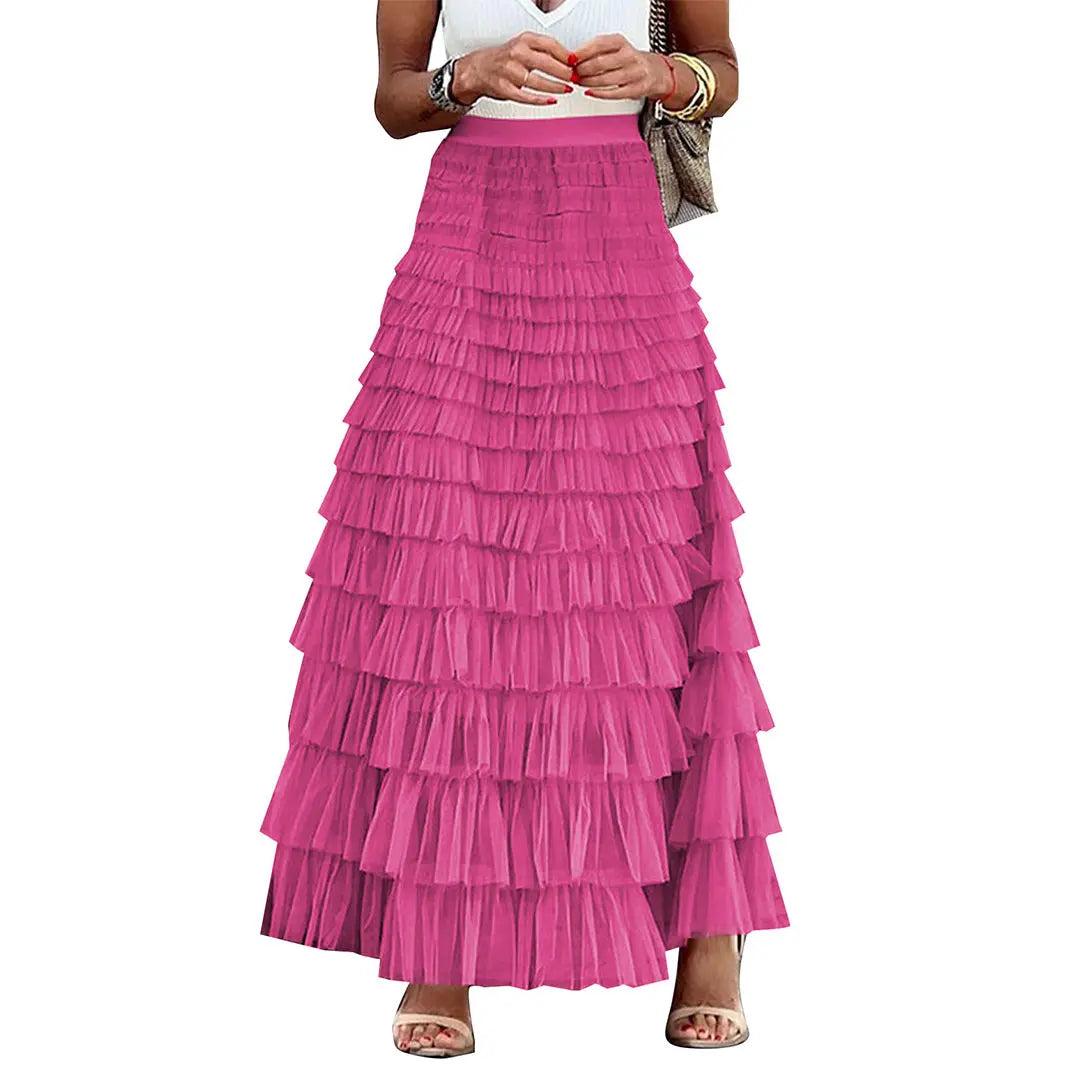 Women's High-Waisted Fitted A-Line Tulle Maxi Skirt - Ruffled Tiered Mesh Tutu Bottom, Elegant Chic Summer Petticoat, Machine Washable Skirt, Machine Washable Skirts,back to school shopping,sohochic