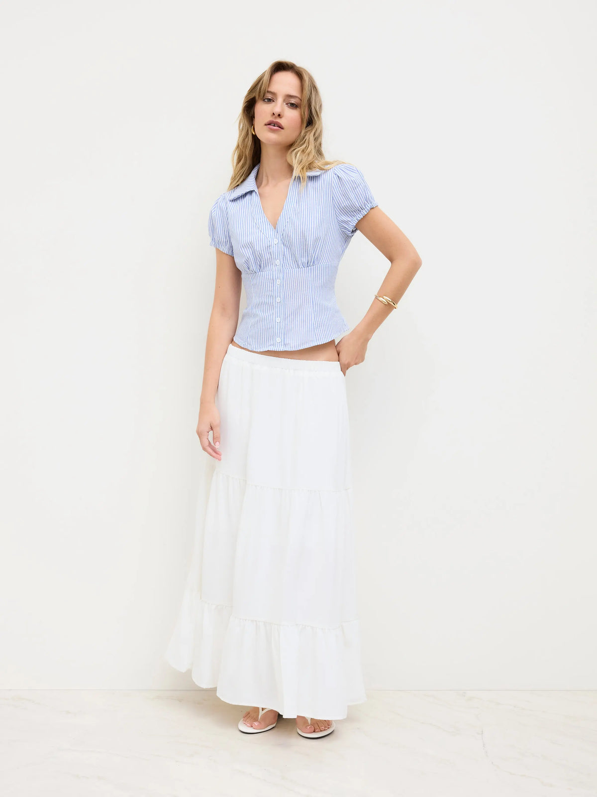 Cider Solid Elastic Waist Ruffle Hem Tiered Maxi Skirt,clothes for back to school,first day of school outfits