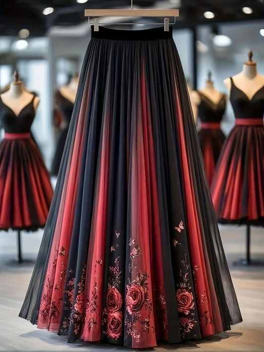 Rose Floral Lace Maxi Skirt, Long Fitted Lightweight Dress with Printed Flowers, Elegant All Seasons Fashion, Formal Fashion Skirt, Women's Clothing, Bottoms, Womenswear, Lace Layered Skirt, Chic Elegant Skirt, Aesthetic Fashionable Skirt